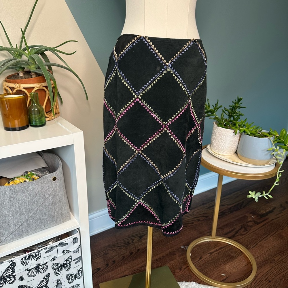 Vintage Margaret Godfrey Suede Leather Skirt Boho Y2K Patchwork Sz 6 - Picture 2 of 13